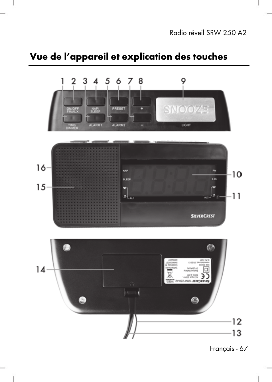 Vue de l’appareil et explication des touches | Silvercrest SRW 250 A2 User Manual | Page 69 / 144