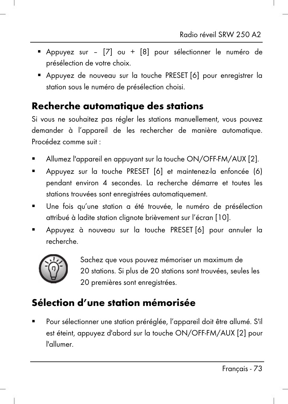 Recherche automatique des stations, Sélection d’une station mémorisée | Silvercrest SRW 250 A2 User Manual | Page 75 / 144