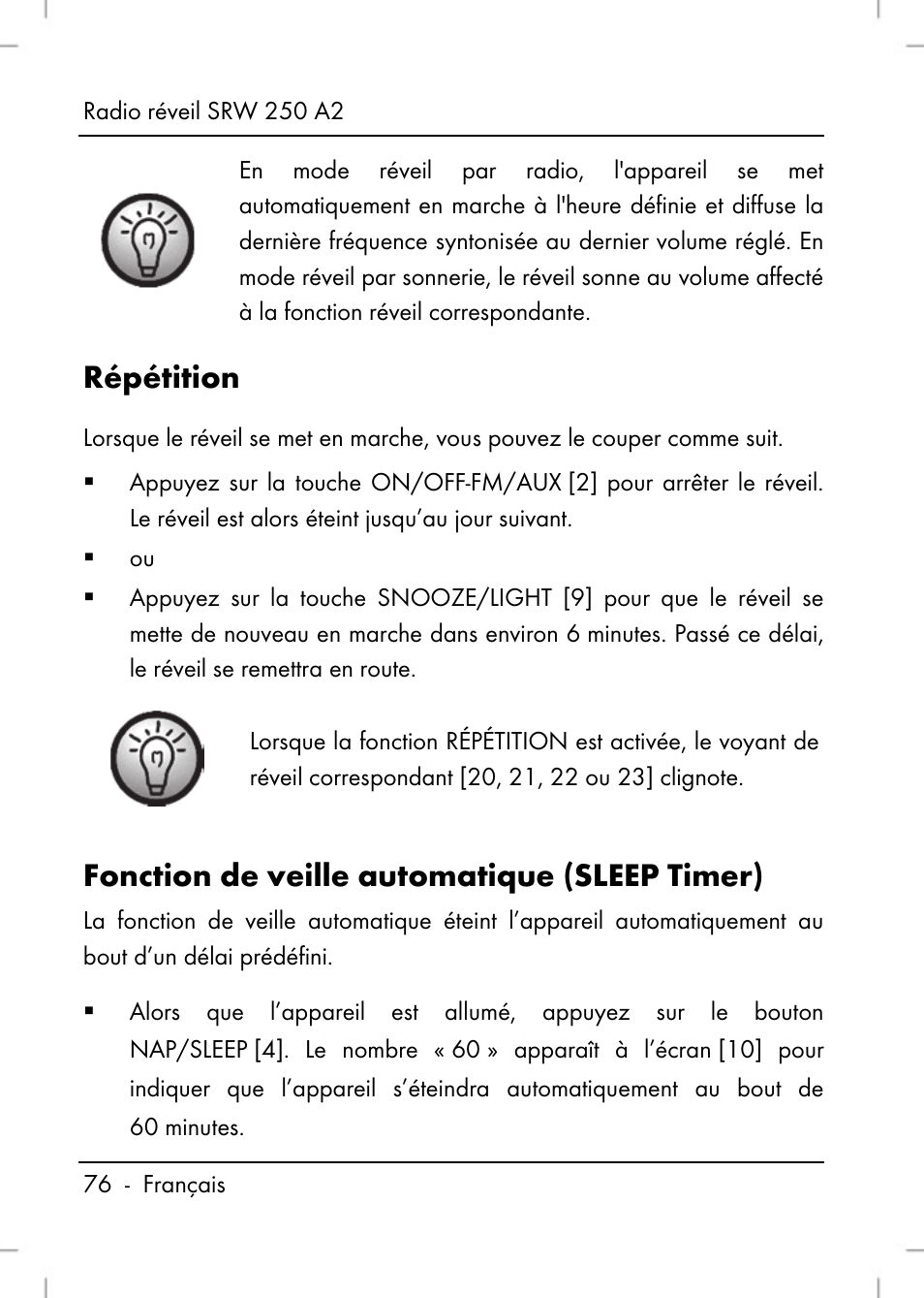 Répétition, Fonction de veille automatique (sleep timer) | Silvercrest SRW 250 A2 User Manual | Page 78 / 144