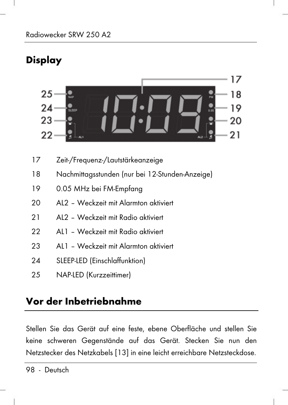 Display, Vor der inbetriebnahme | Silvercrest SRW 250 A2 User Manual | Page 100 / 118