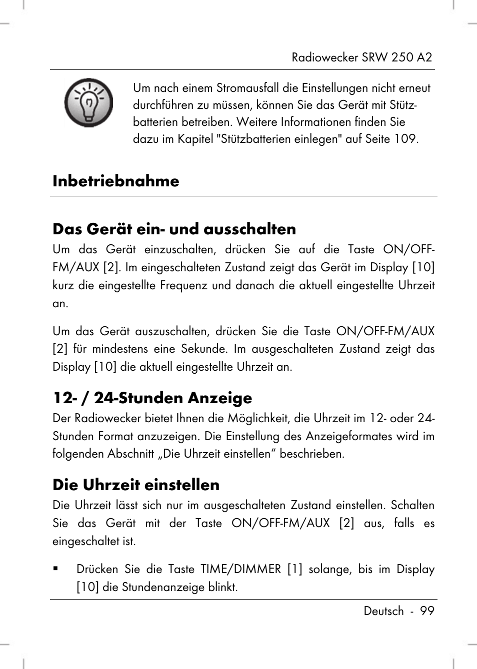 Inbetriebnahme das gerät ein- und ausschalten, / 24-stunden anzeige, Die uhrzeit einstellen | Silvercrest SRW 250 A2 User Manual | Page 101 / 118