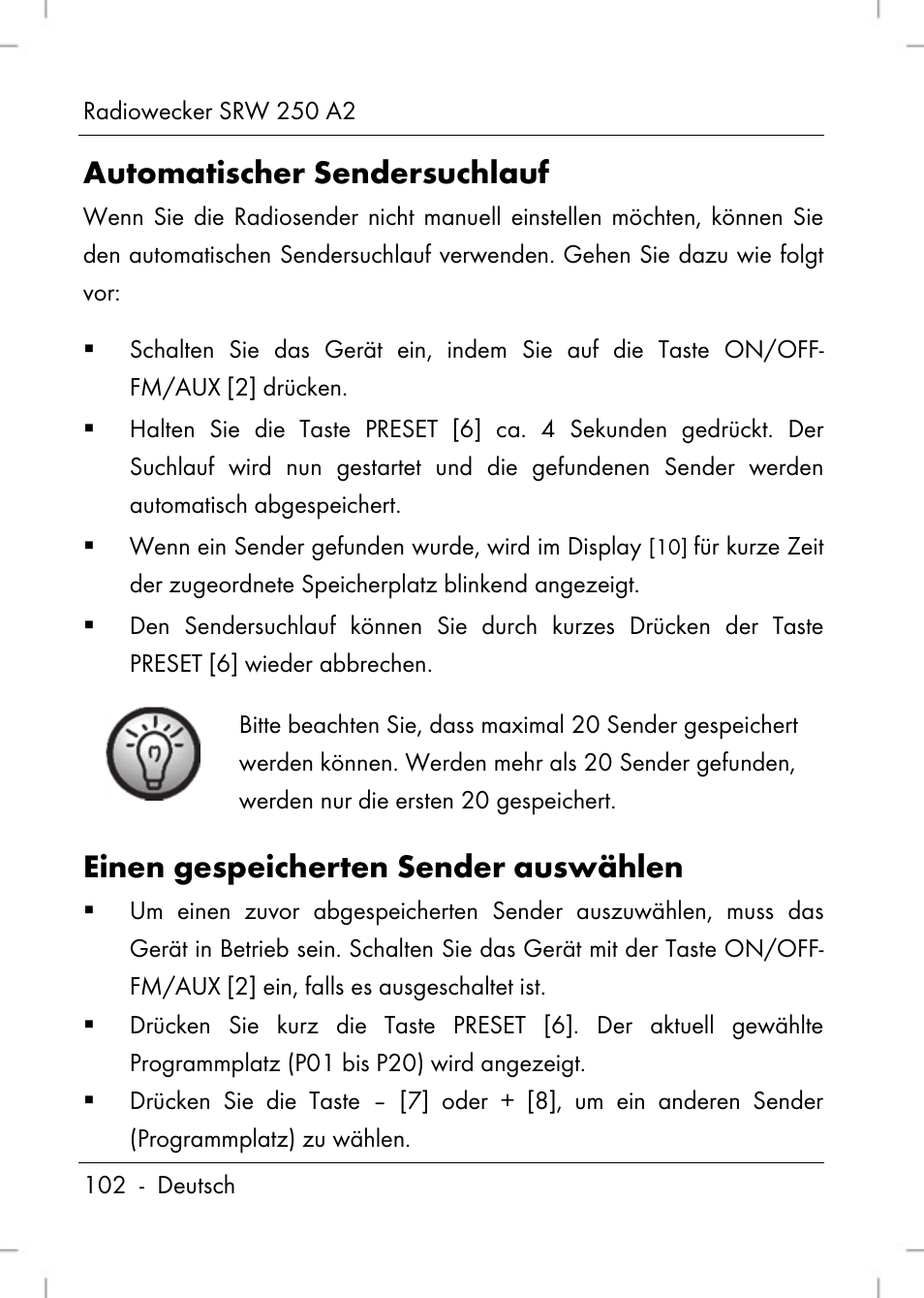 Automatischer sendersuchlauf, Einen gespeicherten sender auswählen | Silvercrest SRW 250 A2 User Manual | Page 104 / 118