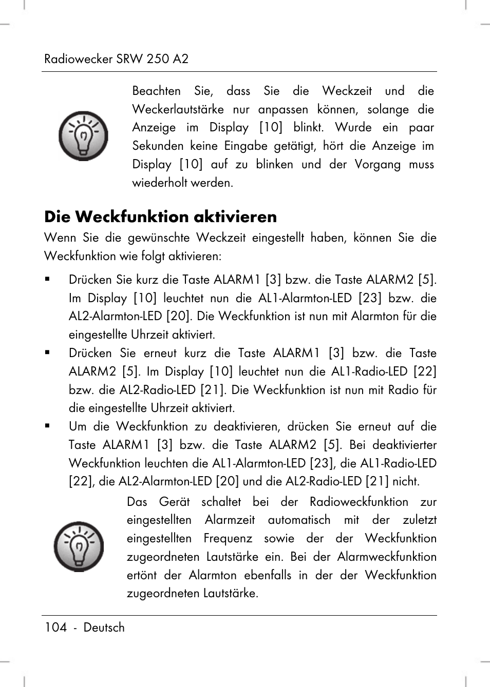 Die weckfunktion aktivieren | Silvercrest SRW 250 A2 User Manual | Page 106 / 118