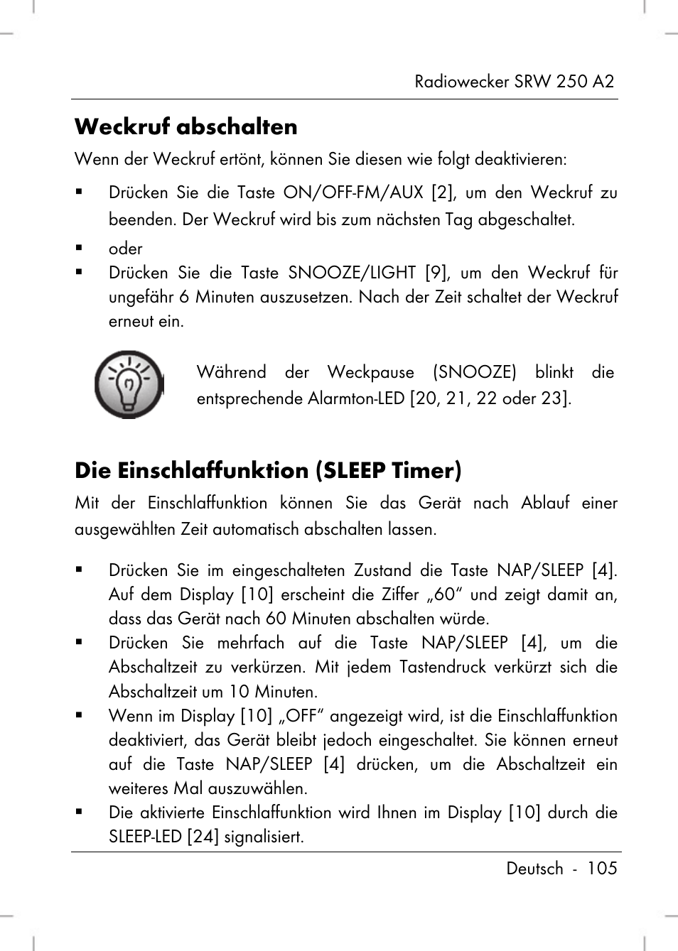 Weckruf abschalten, Die einschlaffunktion (sleep timer) | Silvercrest SRW 250 A2 User Manual | Page 107 / 118