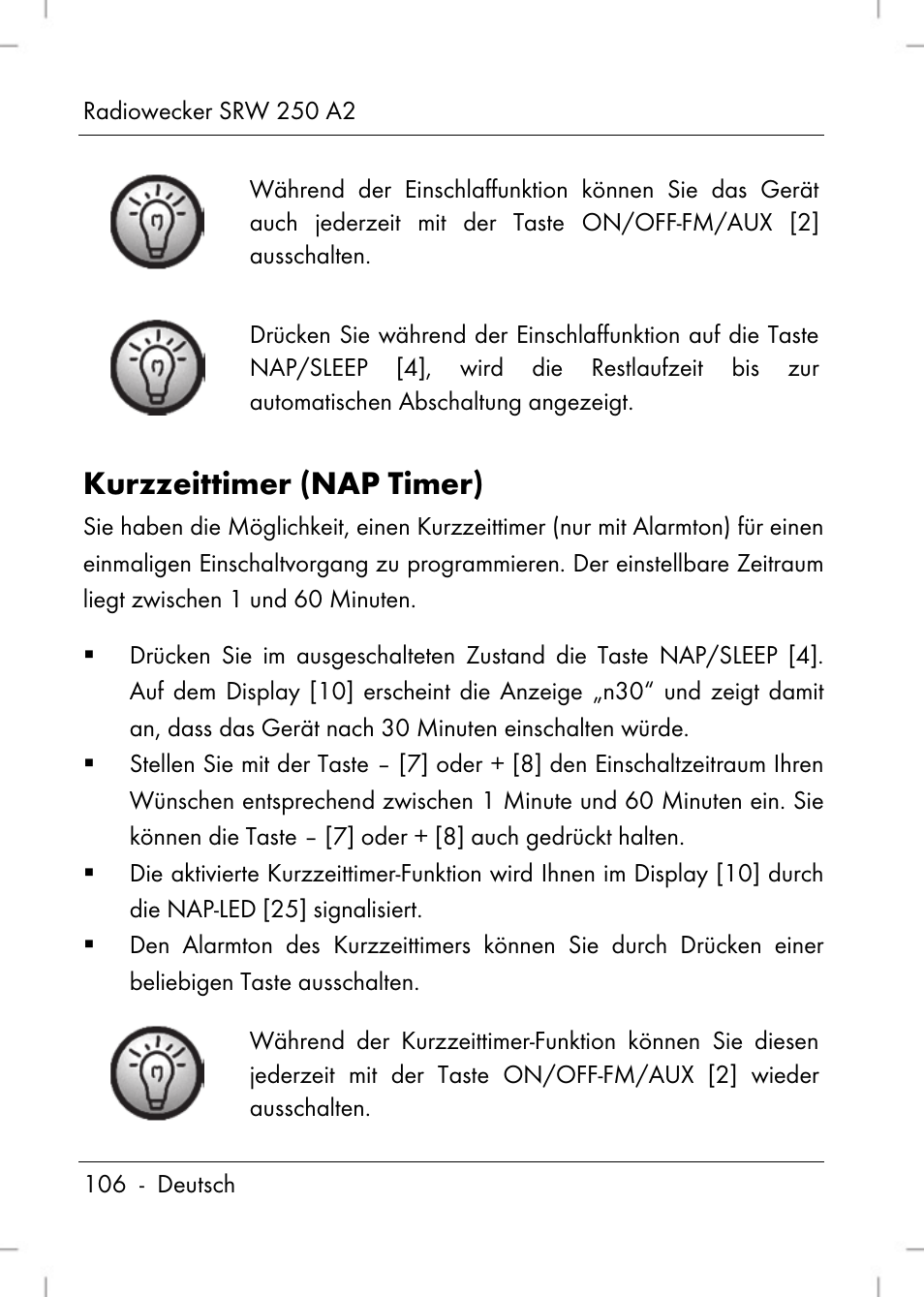 Kurzzeittimer (nap timer) | Silvercrest SRW 250 A2 User Manual | Page 108 / 118