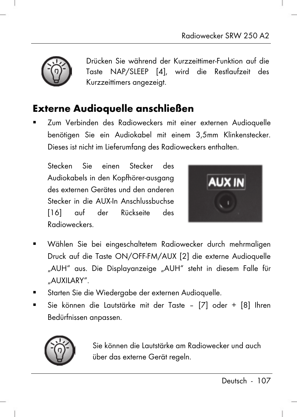 Externe audioquelle anschließen | Silvercrest SRW 250 A2 User Manual | Page 109 / 118