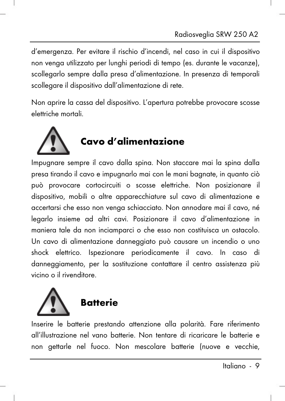 Cavo d’alimentazione, Batterie | Silvercrest SRW 250 A2 User Manual | Page 11 / 118