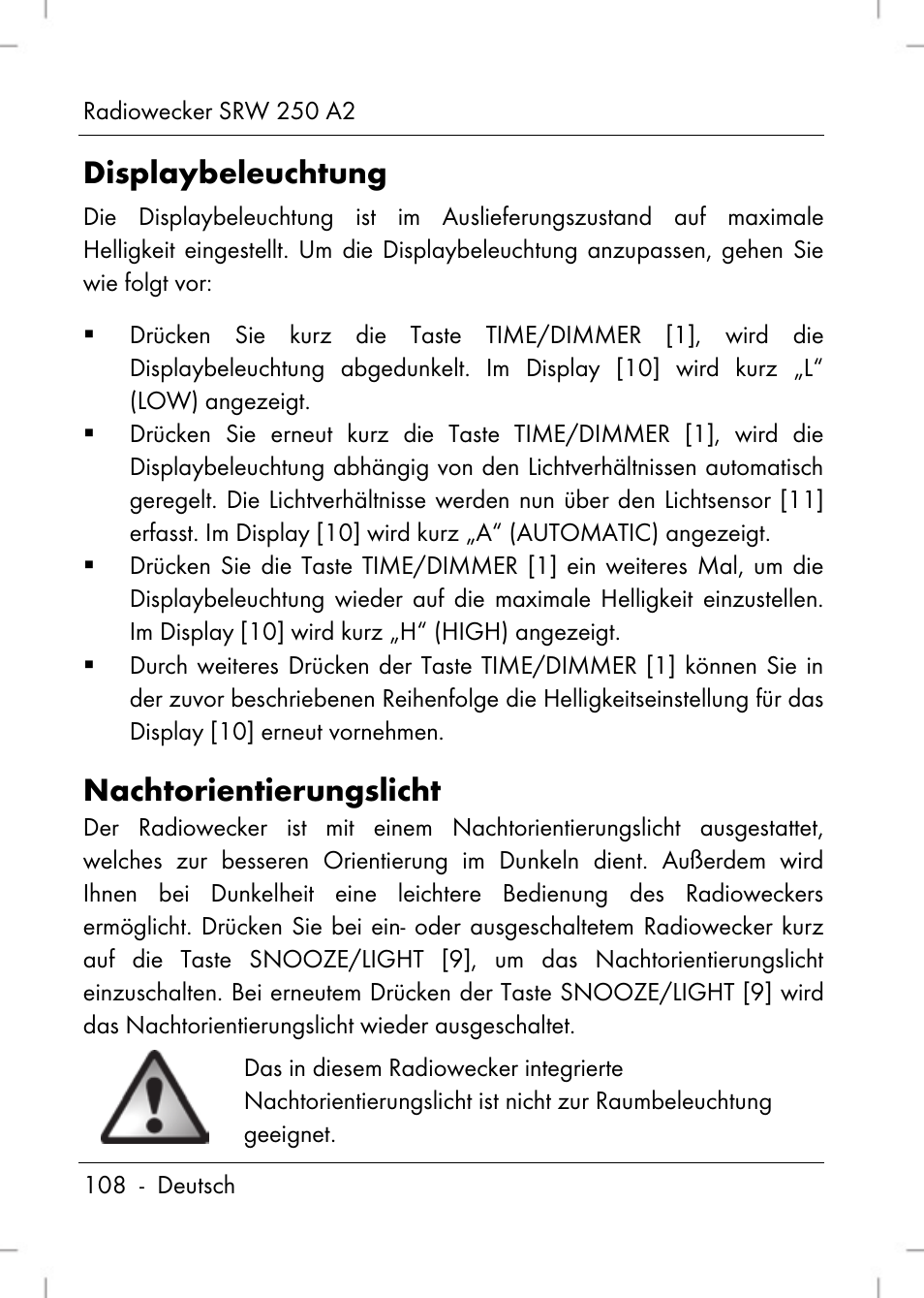 Displaybeleuchtung, Nachtorientierungslicht | Silvercrest SRW 250 A2 User Manual | Page 110 / 118