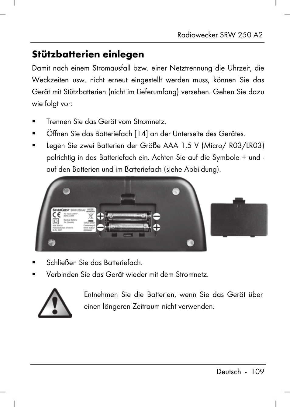 Stützbatterien einlegen | Silvercrest SRW 250 A2 User Manual | Page 111 / 118