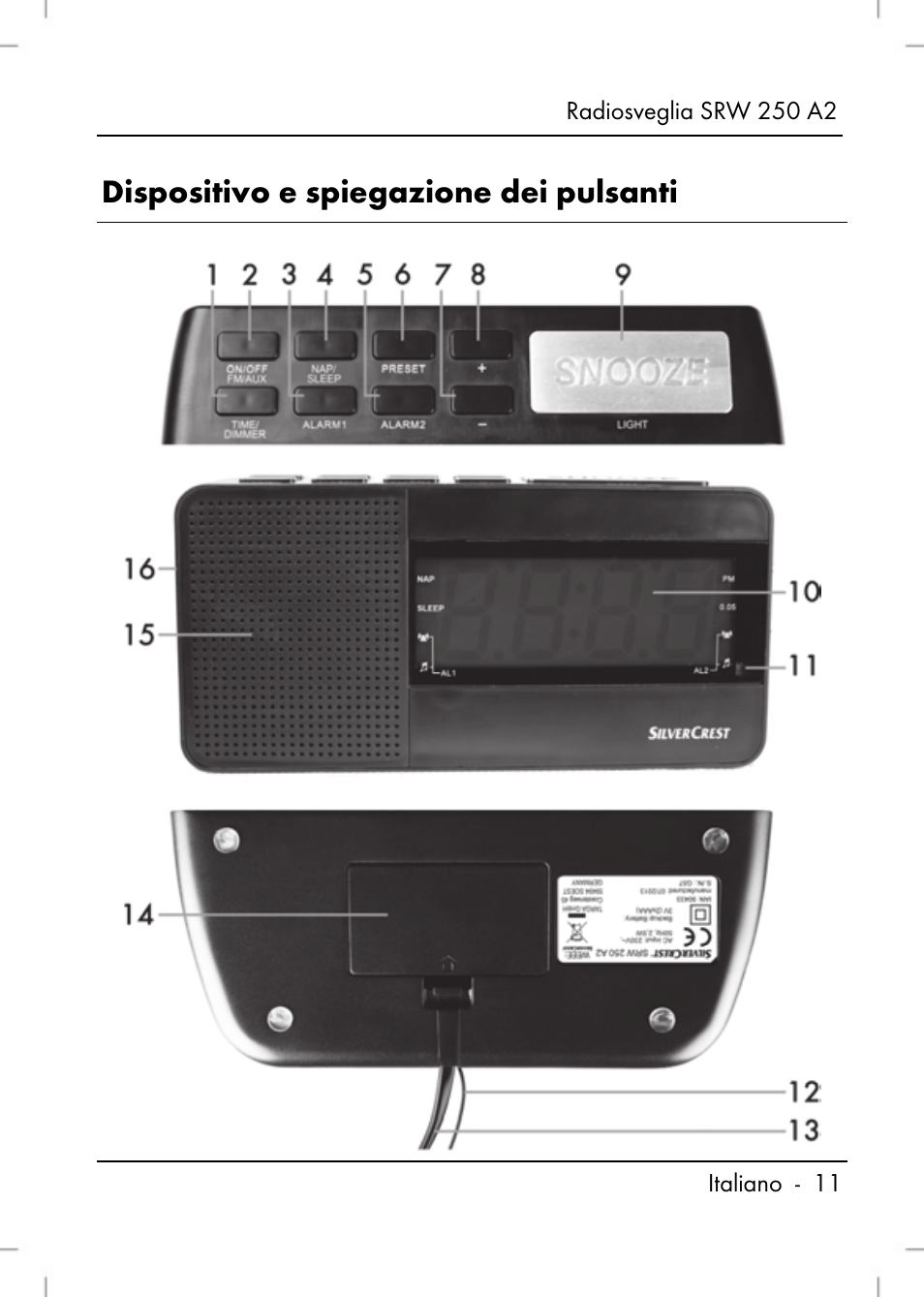 Dispositivo e spiegazione dei pulsanti | Silvercrest SRW 250 A2 User Manual | Page 13 / 118