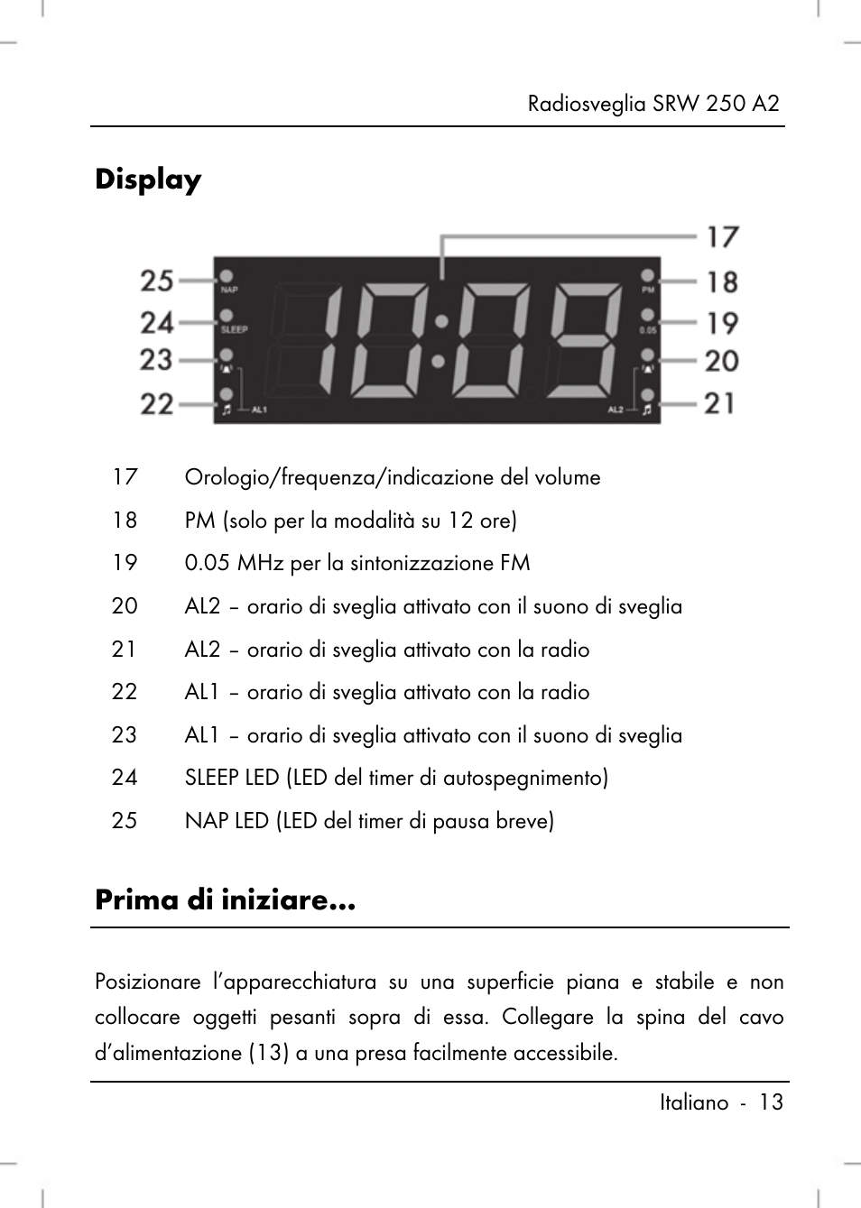 Display, Prima di iniziare | Silvercrest SRW 250 A2 User Manual | Page 15 / 118