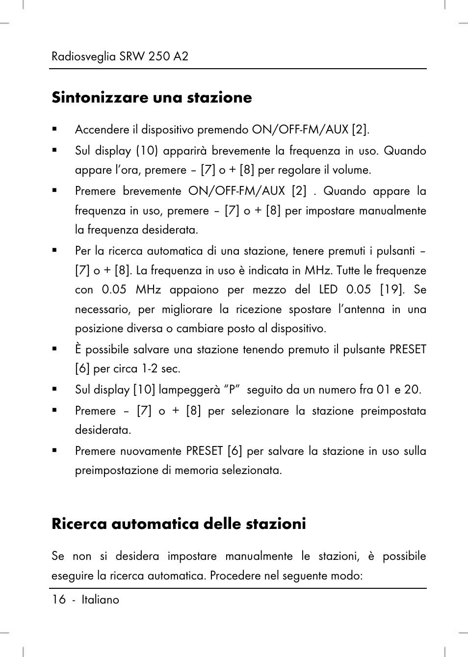 Sintonizzare una stazione, Ricerca automatica delle stazioni | Silvercrest SRW 250 A2 User Manual | Page 18 / 118