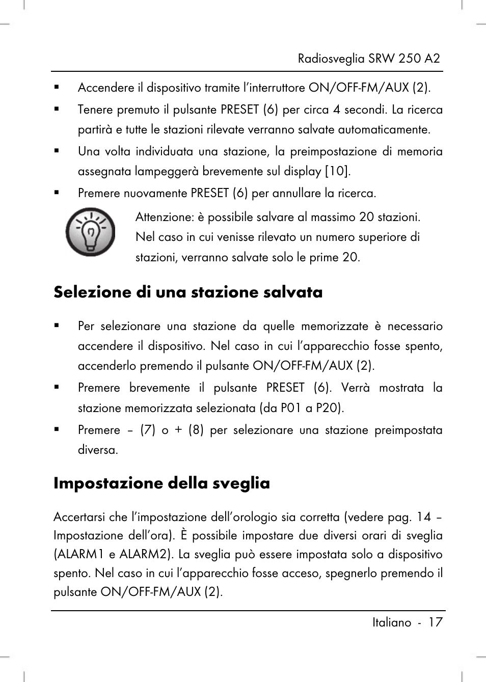 Selezione di una stazione salvata, Impostazione della sveglia | Silvercrest SRW 250 A2 User Manual | Page 19 / 118