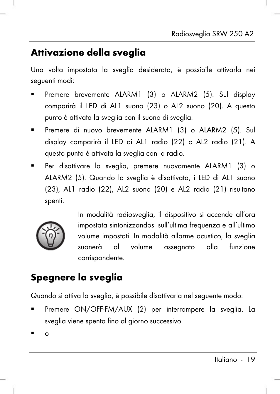 Attivazione della sveglia, Spegnere la sveglia | Silvercrest SRW 250 A2 User Manual | Page 21 / 118