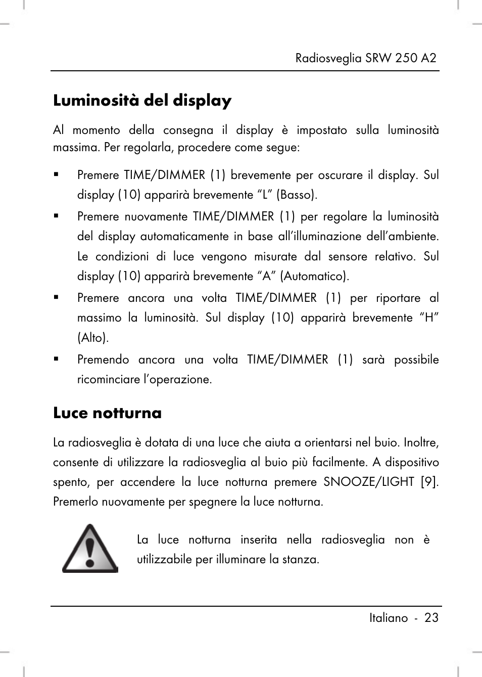 Luminosità del display, Luce notturna | Silvercrest SRW 250 A2 User Manual | Page 25 / 118