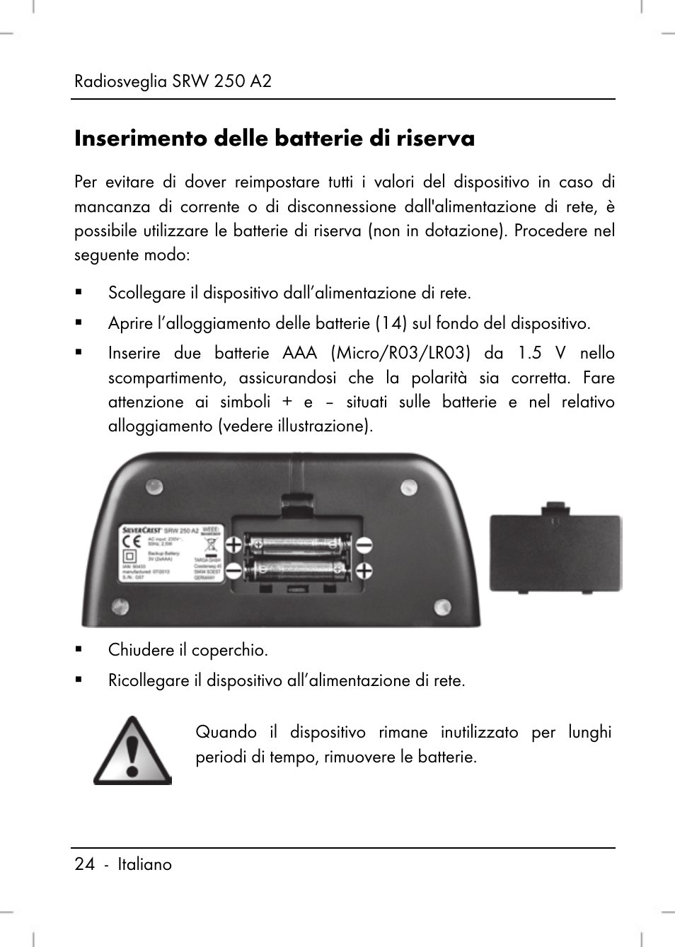 Inserimento delle batterie di riserva | Silvercrest SRW 250 A2 User Manual | Page 26 / 118