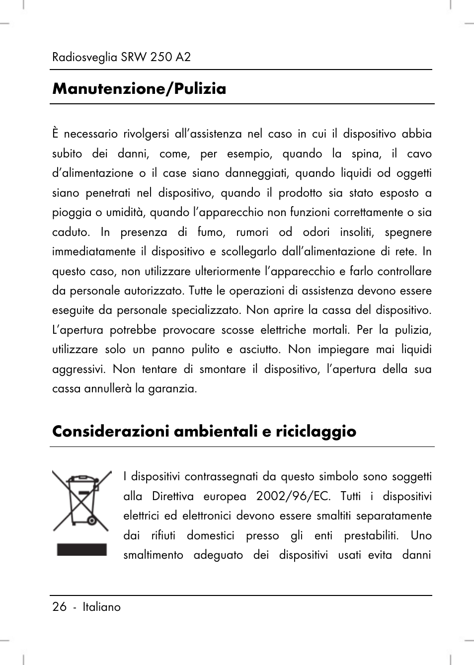 Manutenzione/pulizia, Considerazioni ambientali e riciclaggio | Silvercrest SRW 250 A2 User Manual | Page 28 / 118