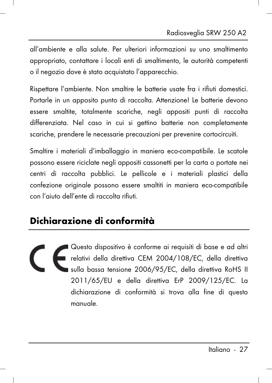 Dichiarazione di conformità | Silvercrest SRW 250 A2 User Manual | Page 29 / 118