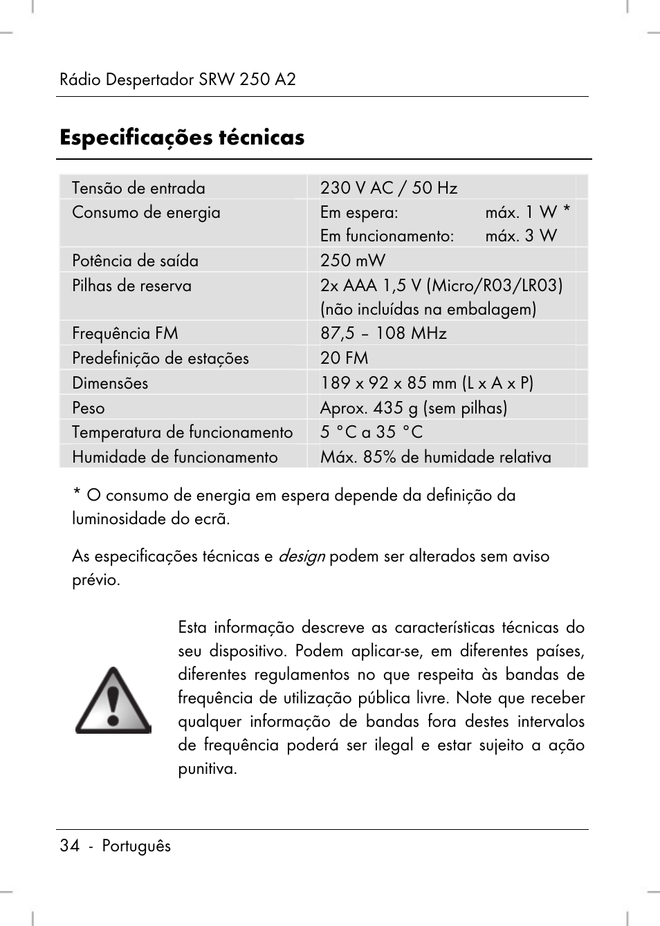 Especificações técnicas | Silvercrest SRW 250 A2 User Manual | Page 36 / 118