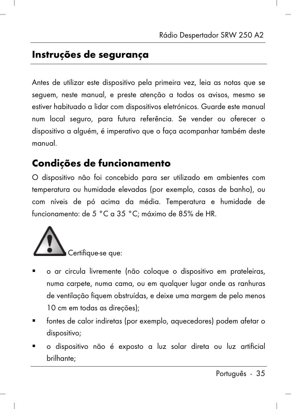 Instruções de segurança, Condições de funcionamento | Silvercrest SRW 250 A2 User Manual | Page 37 / 118