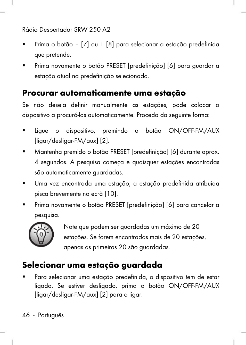 Procurar automaticamente uma estação, Selecionar uma estação guardada | Silvercrest SRW 250 A2 User Manual | Page 48 / 118