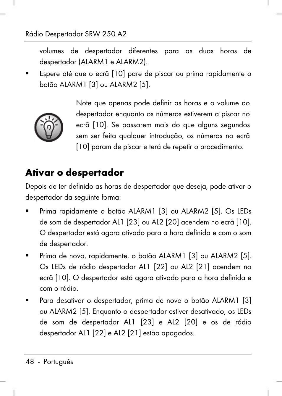 Ativar o despertador | Silvercrest SRW 250 A2 User Manual | Page 50 / 118