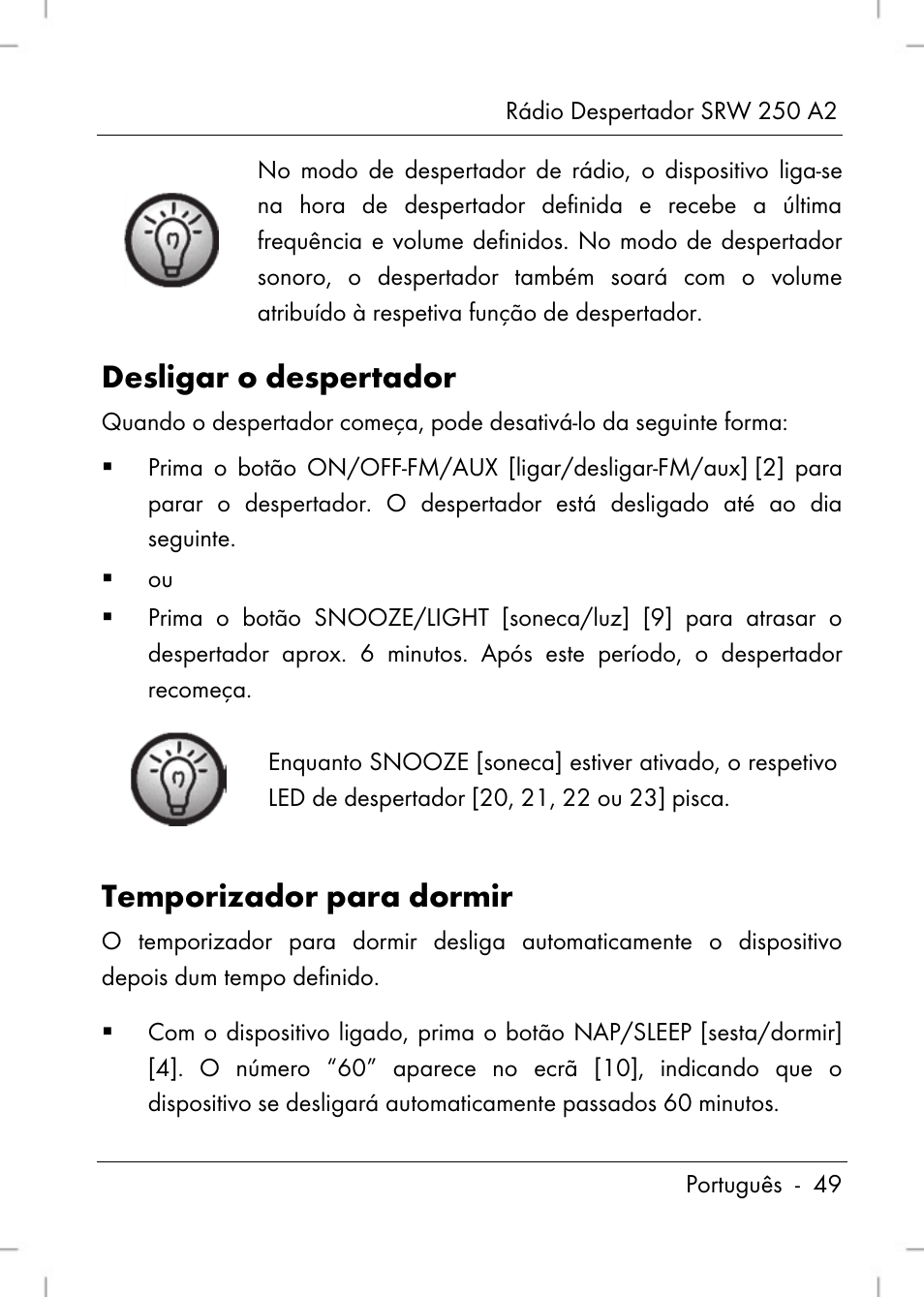 Desligar o despertador, Temporizador para dormir | Silvercrest SRW 250 A2 User Manual | Page 51 / 118