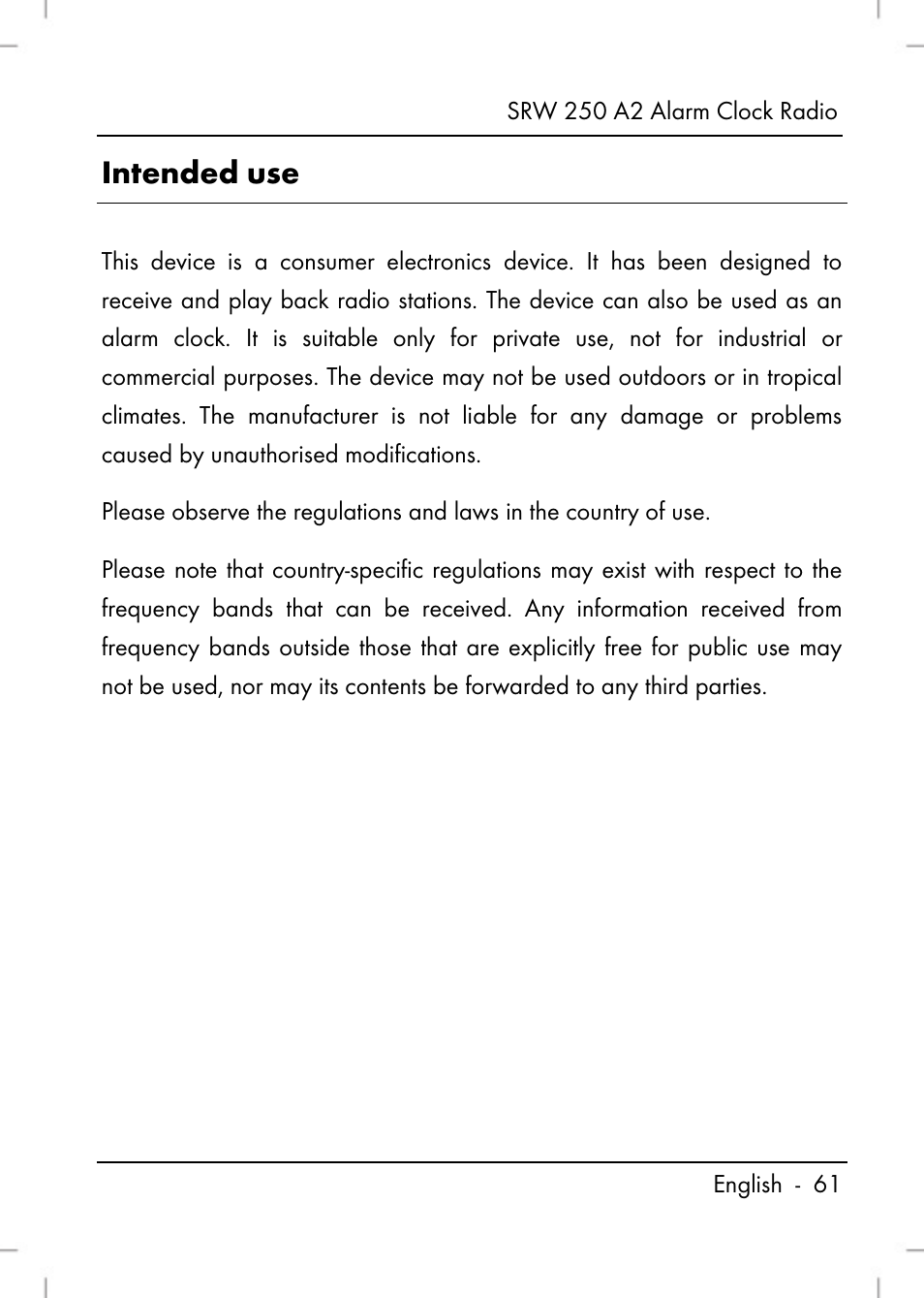 Intended use | Silvercrest SRW 250 A2 User Manual | Page 63 / 118