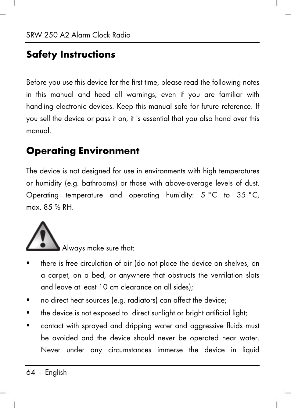 Safety instructions, Operating environment | Silvercrest SRW 250 A2 User Manual | Page 66 / 118