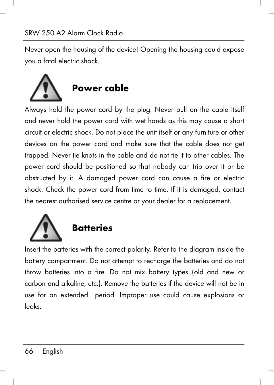 Power cable, Batteries | Silvercrest SRW 250 A2 User Manual | Page 68 / 118