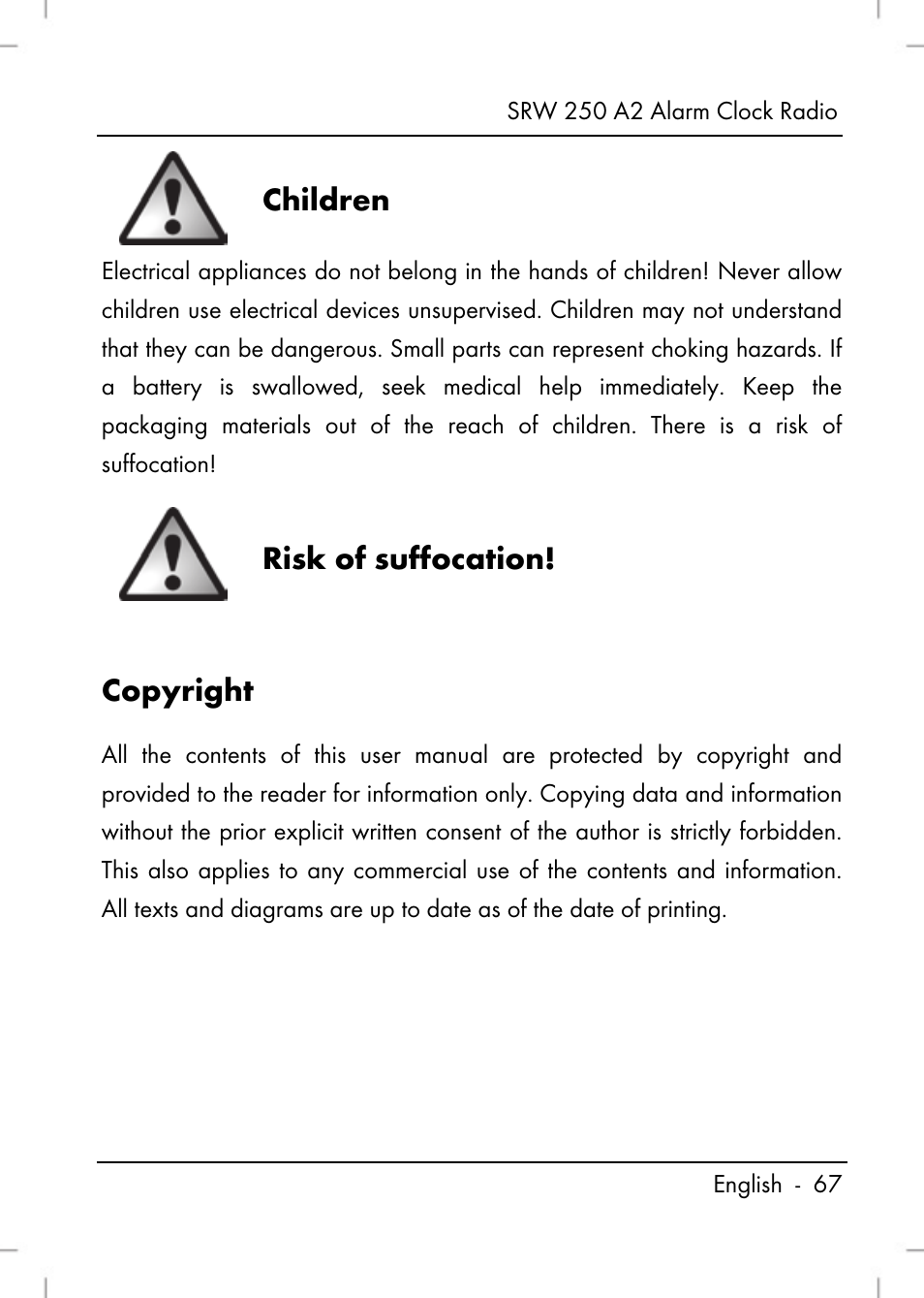 Children, Risk of suffocation, Copyright | Silvercrest SRW 250 A2 User Manual | Page 69 / 118