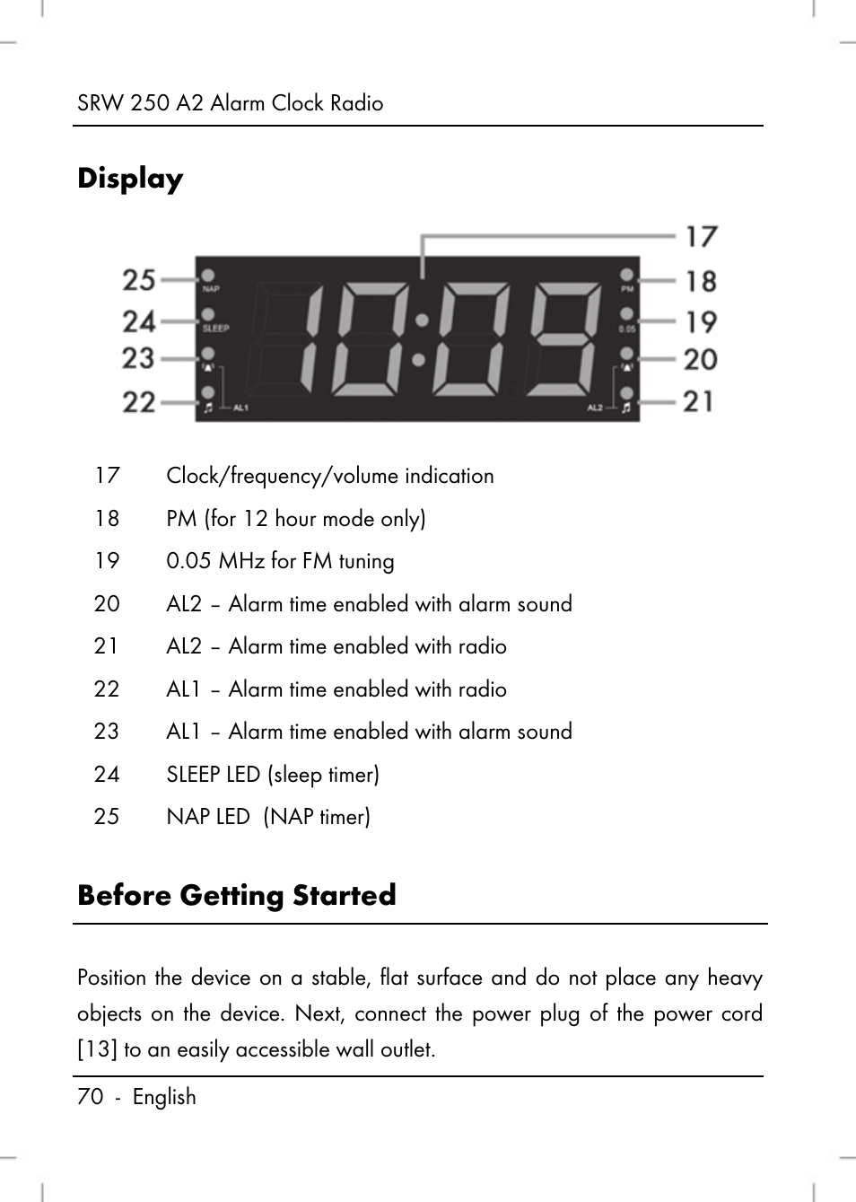 Display, Before getting started | Silvercrest SRW 250 A2 User Manual | Page 72 / 118