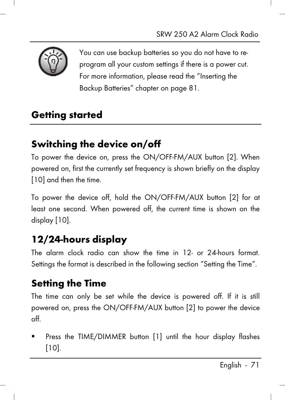Getting started switching the device on/off, 12/24-hours display, Setting the time | Silvercrest SRW 250 A2 User Manual | Page 73 / 118