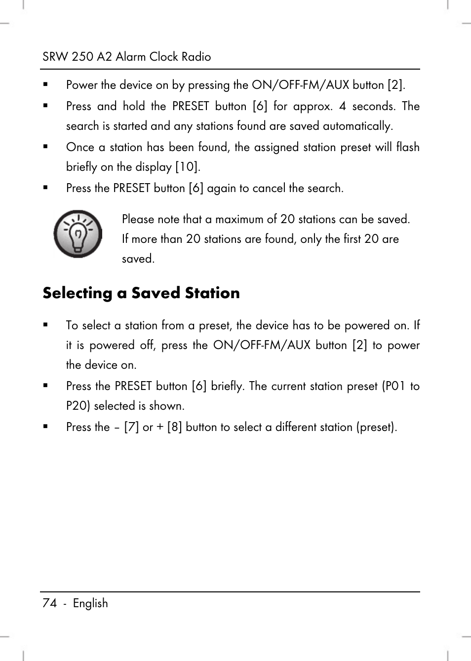 Selecting a saved station | Silvercrest SRW 250 A2 User Manual | Page 76 / 118