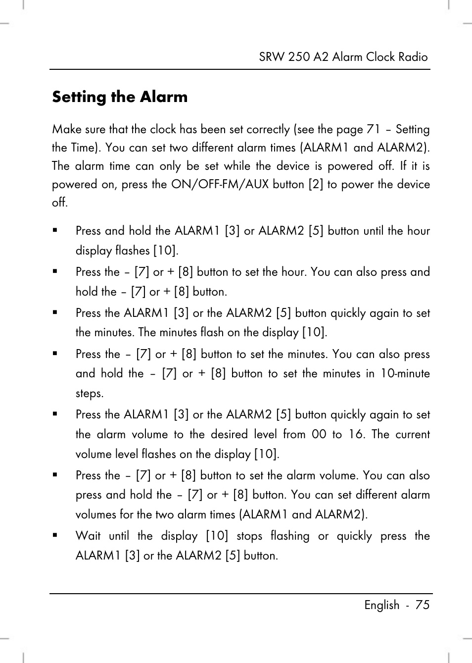 Setting the alarm | Silvercrest SRW 250 A2 User Manual | Page 77 / 118