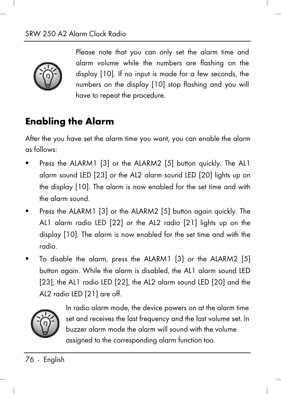 Enabling the alarm | Silvercrest SRW 250 A2 User Manual | Page 78 / 118