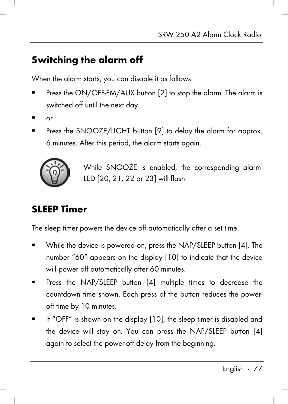 Switching the alarm off, Sleep timer | Silvercrest SRW 250 A2 User Manual | Page 79 / 118