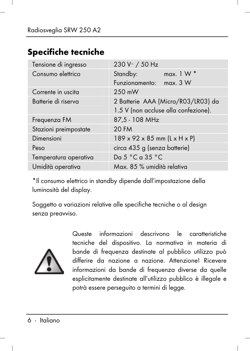 Specifiche tecniche | Silvercrest SRW 250 A2 User Manual | Page 8 / 118