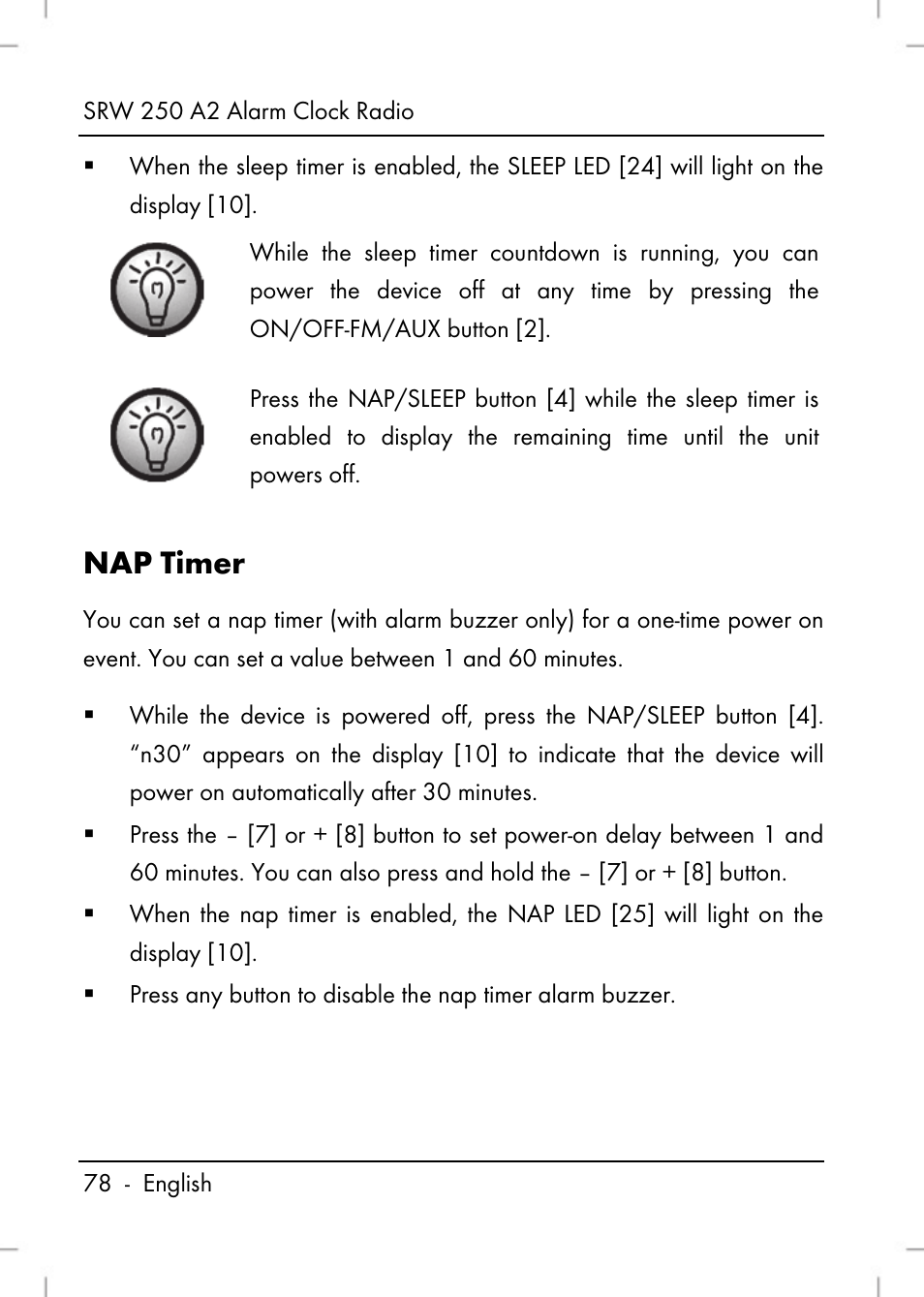 Nap timer | Silvercrest SRW 250 A2 User Manual | Page 80 / 118