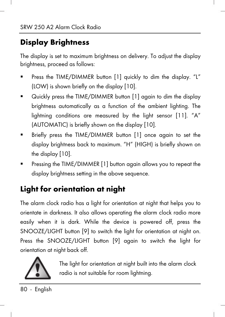 Display brightness, Light for orientation at night | Silvercrest SRW 250 A2 User Manual | Page 82 / 118