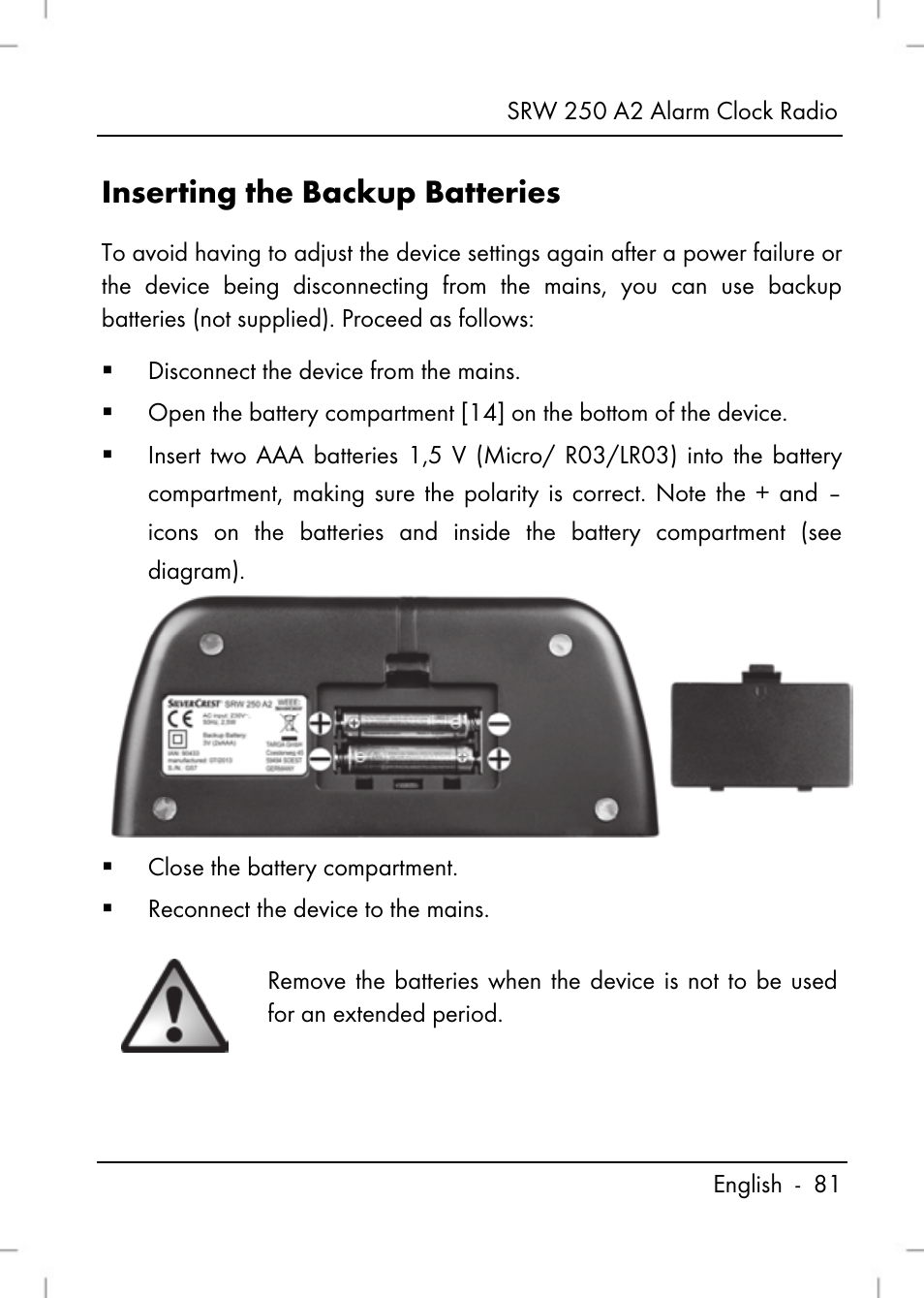 Inserting the backup batteries | Silvercrest SRW 250 A2 User Manual | Page 83 / 118