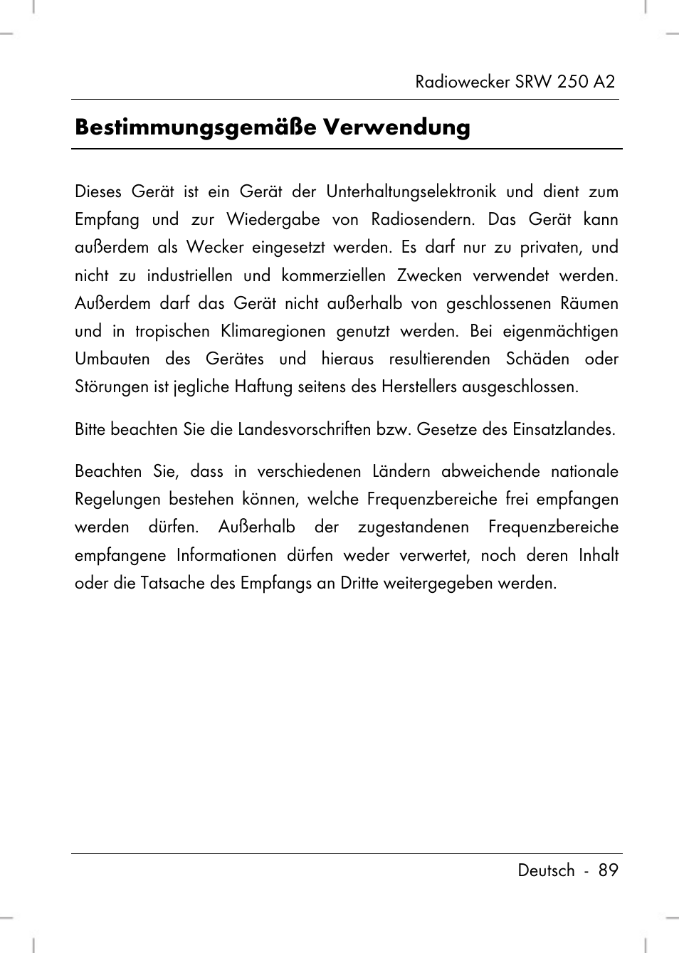 Bestimmungsgemäße verwendung | Silvercrest SRW 250 A2 User Manual | Page 91 / 118