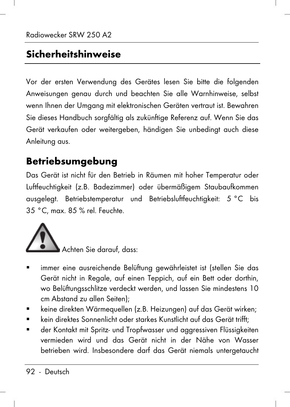 Sicherheitshinweise, Betriebsumgebung | Silvercrest SRW 250 A2 User Manual | Page 94 / 118