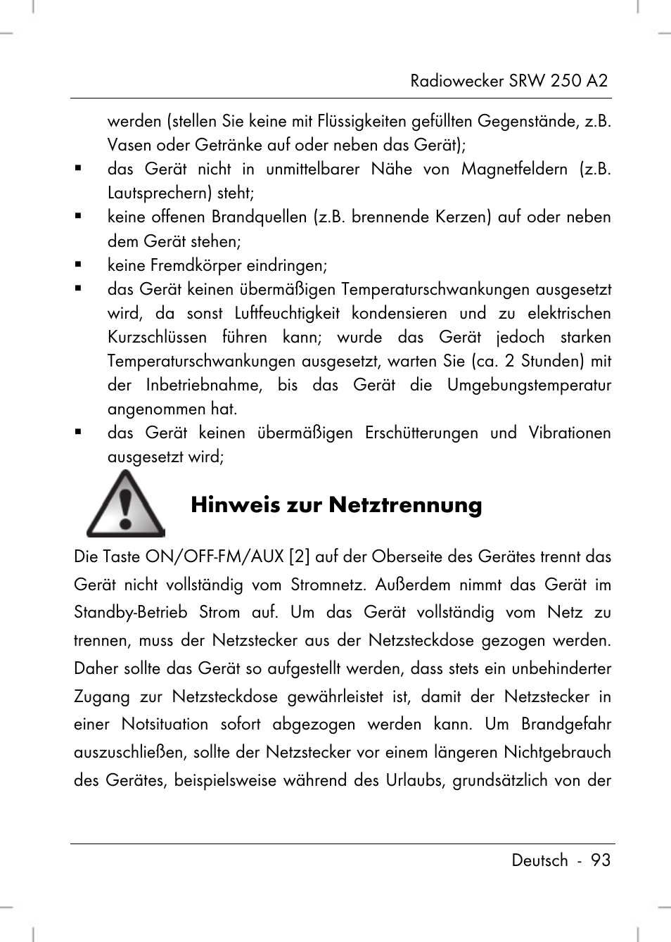 Hinweis zur netztrennung | Silvercrest SRW 250 A2 User Manual | Page 95 / 118