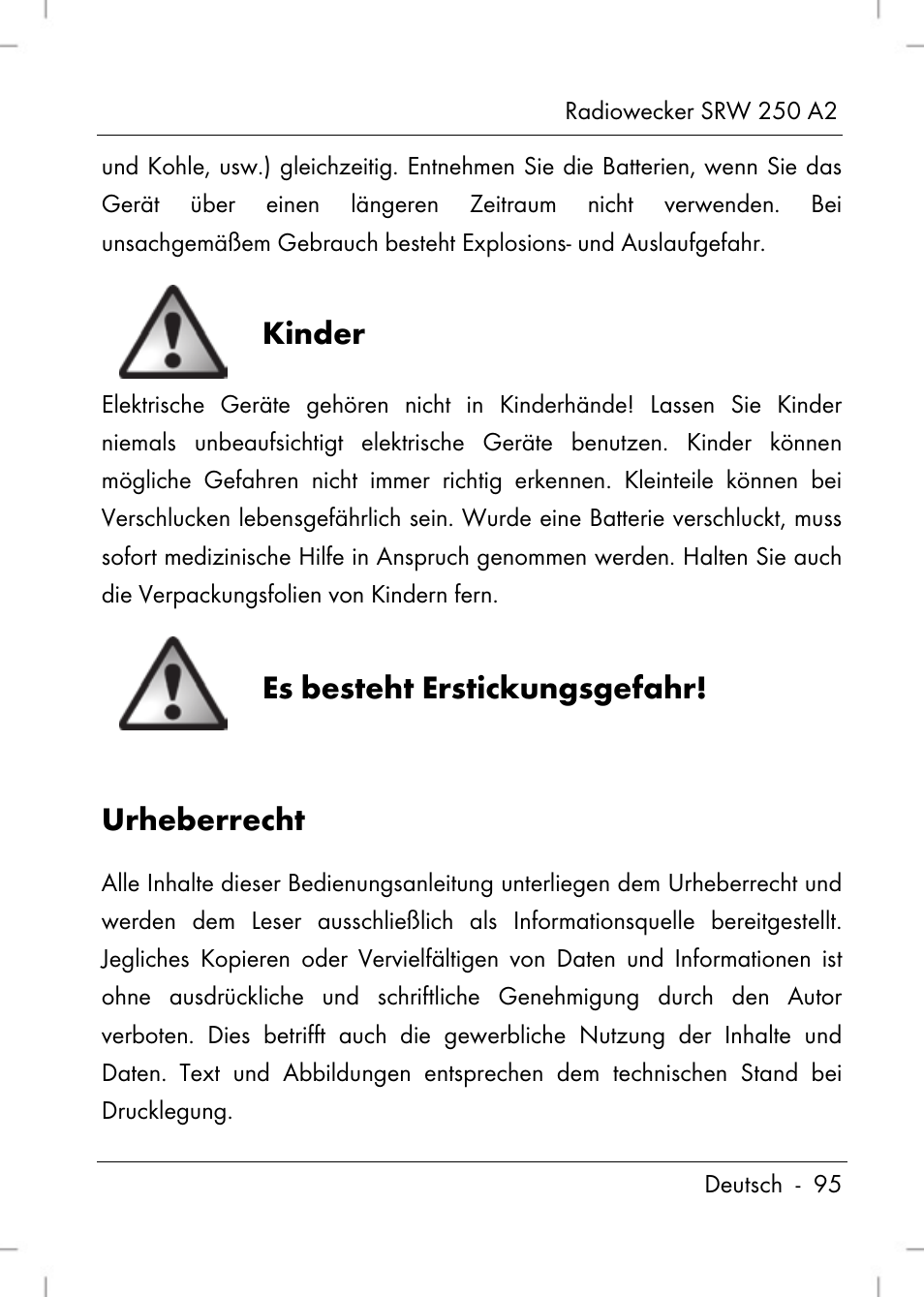 Kinder, Es besteht erstickungsgefahr, Urheberrecht | Silvercrest SRW 250 A2 User Manual | Page 97 / 118