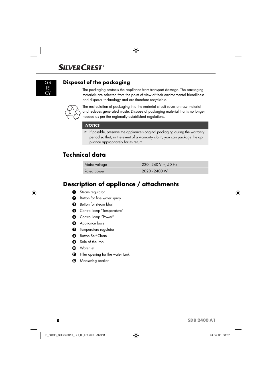 Technical data, Description of appliance / attachments, Disposal of the packaging | Gb ie cy | Silvercrest SDB 2400 A1 User Manual | Page 10 / 37
