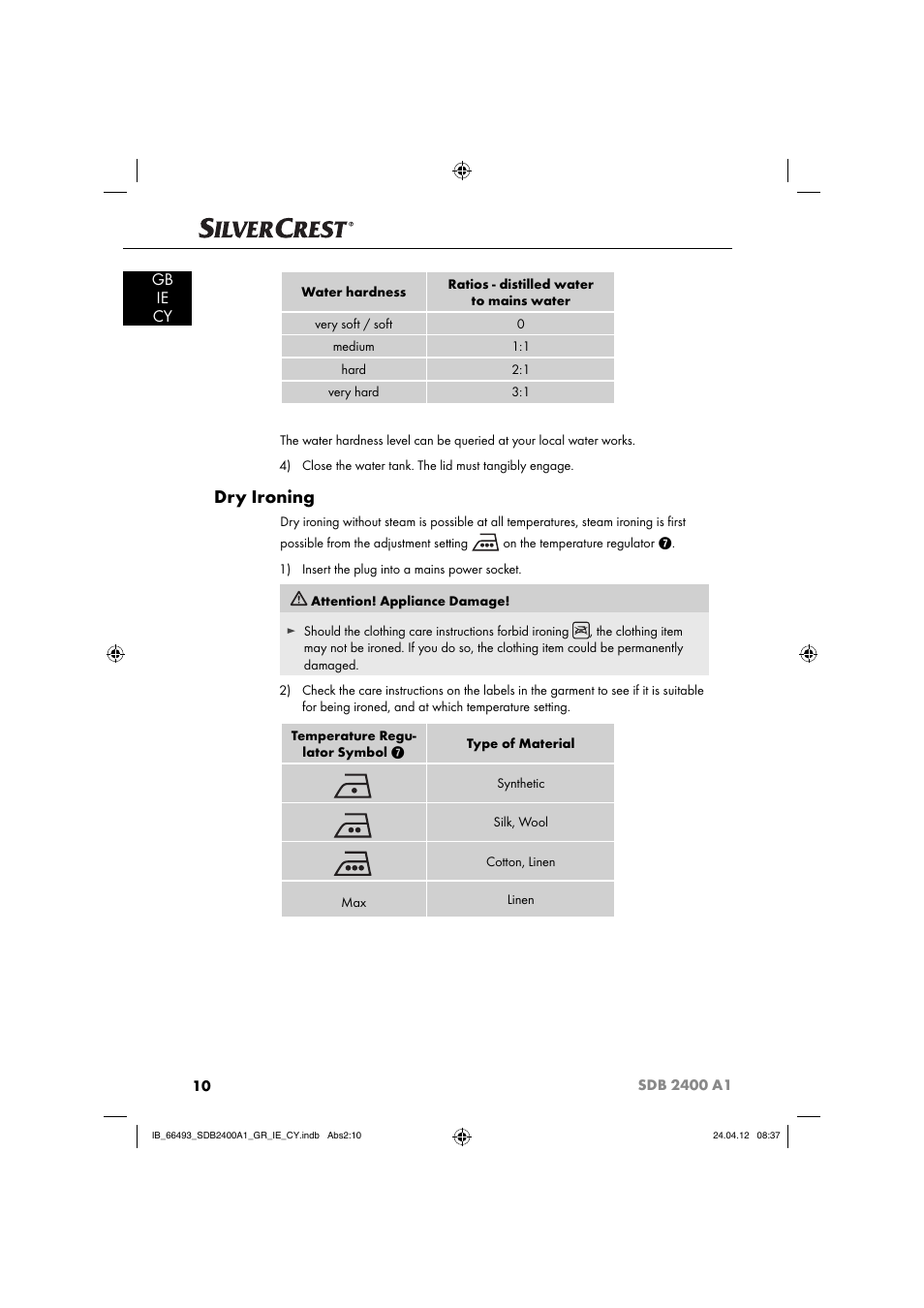 Dry ironing, Gb ie cy | Silvercrest SDB 2400 A1 User Manual | Page 12 / 37