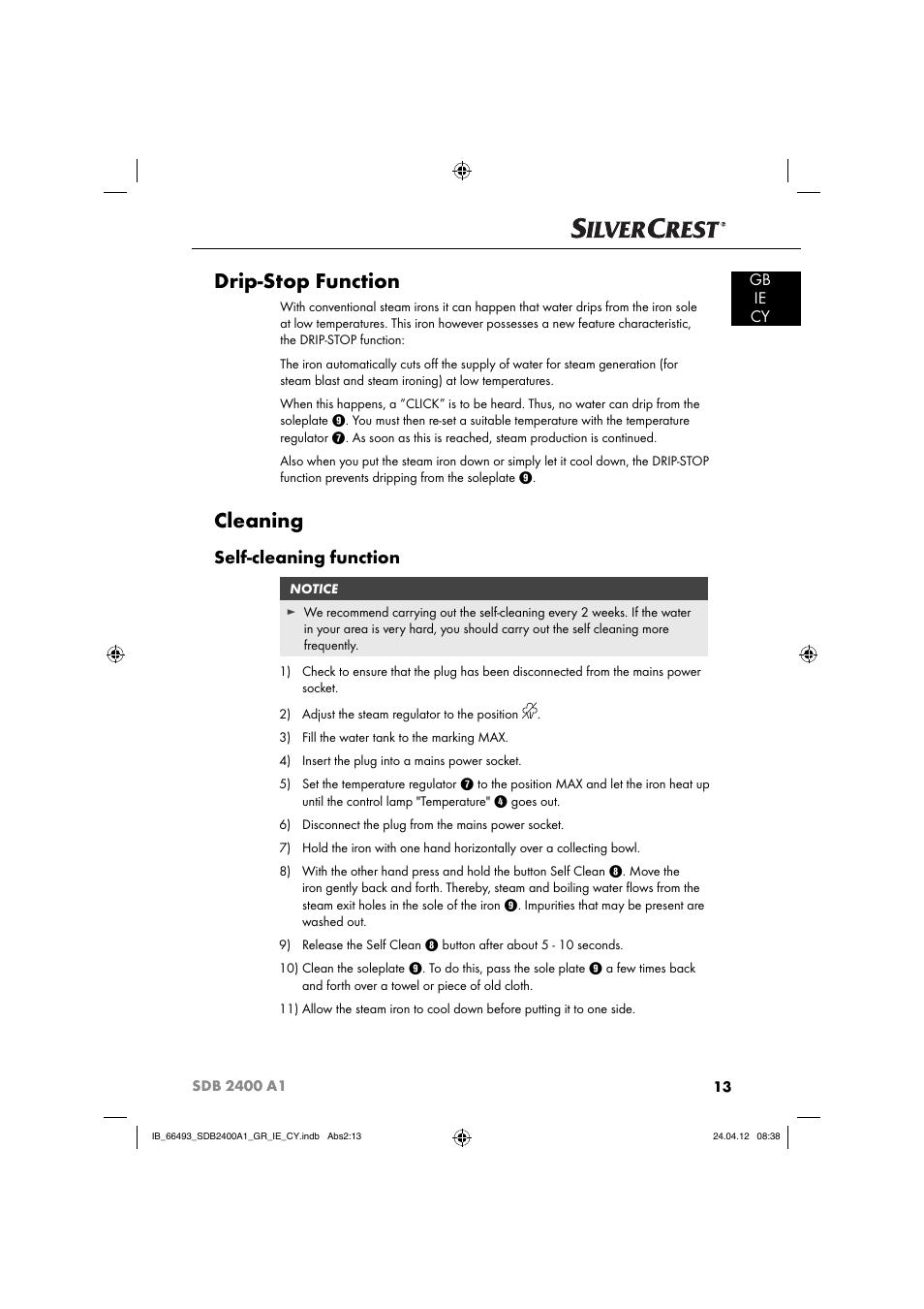 Drip-stop function, Cleaning, Self-cleaning function | Gb ie cy | Silvercrest SDB 2400 A1 User Manual | Page 15 / 37