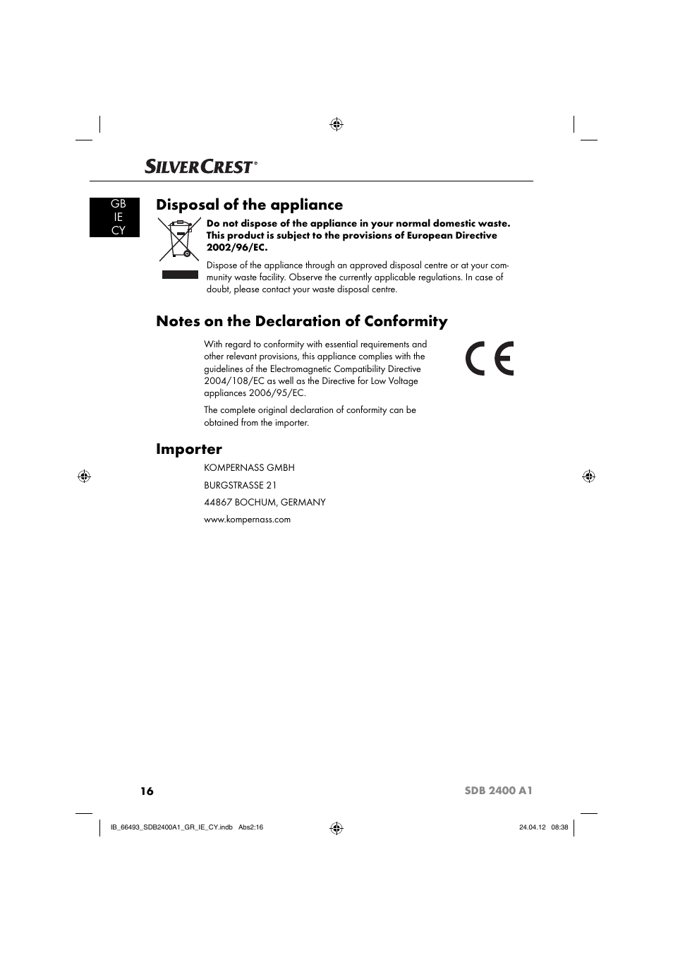 Disposal of the appliance, Importer, Gb ie cy | Silvercrest SDB 2400 A1 User Manual | Page 18 / 37