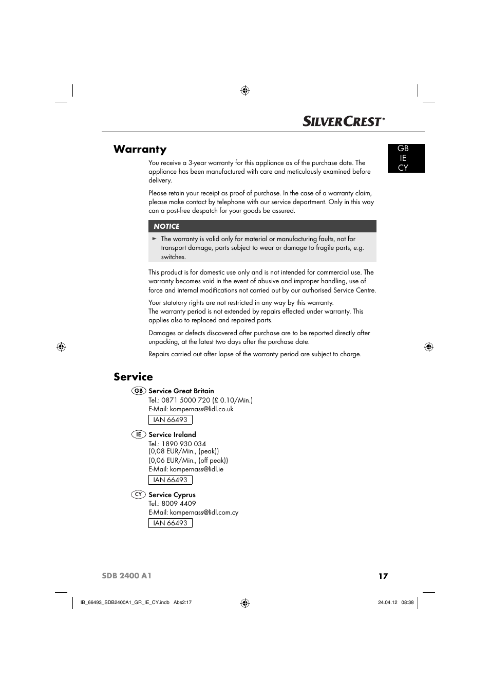 Warranty, Service, Gb ie cy | Silvercrest SDB 2400 A1 User Manual | Page 19 / 37